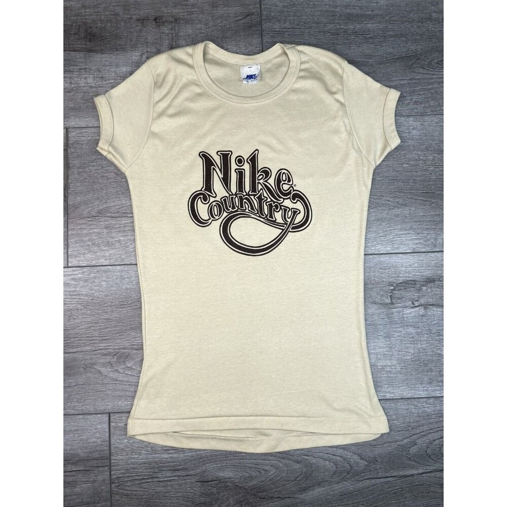 Vintage Nike Country Single Stitch Beige Short Sleeve Graphic Fitted Top Size L